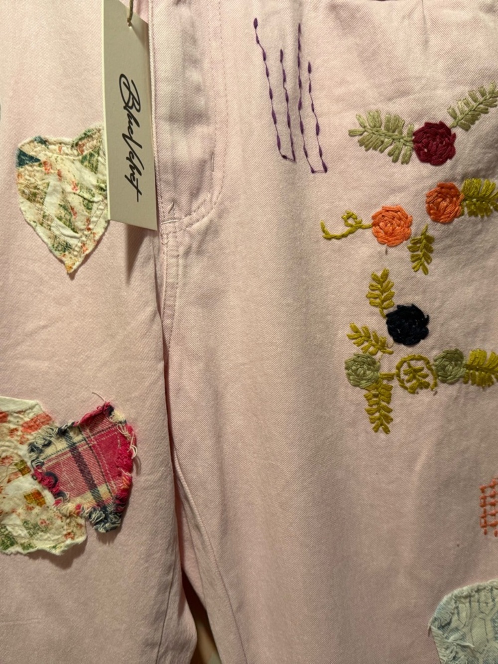 Embroidered Light Pink Boyfriend Jeans with Patchwork Hearts - Picture 2 of 5